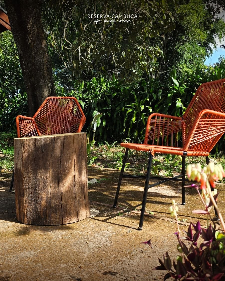 Cadeiras laranja e tronco de árvore como mesa de apoio na área externa do Chalé 2